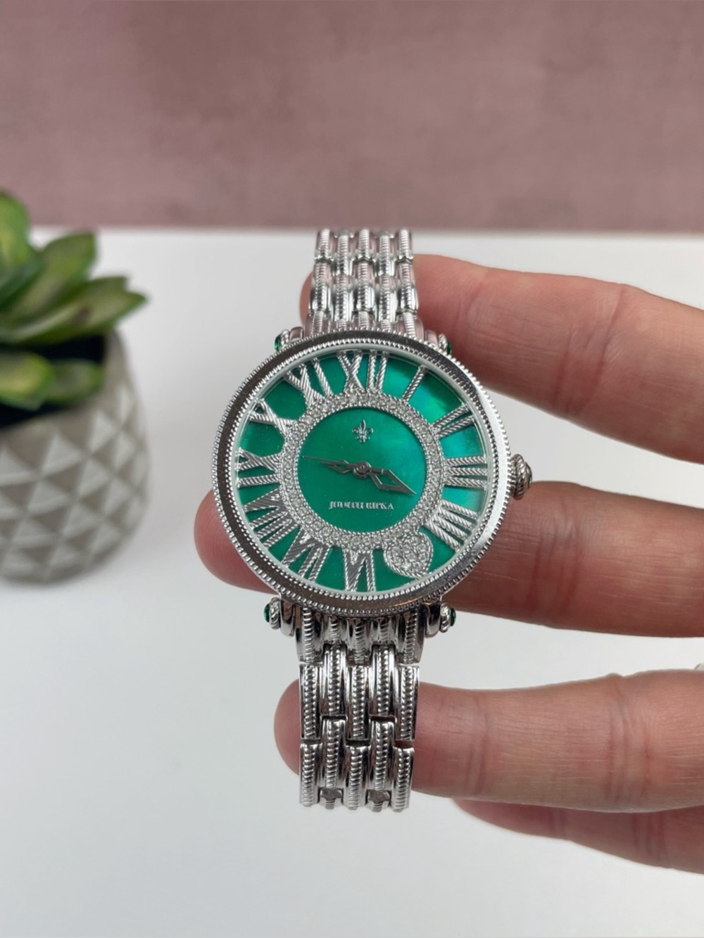 Judith Ripka Diamonique Silver Green Dial Watch Designer